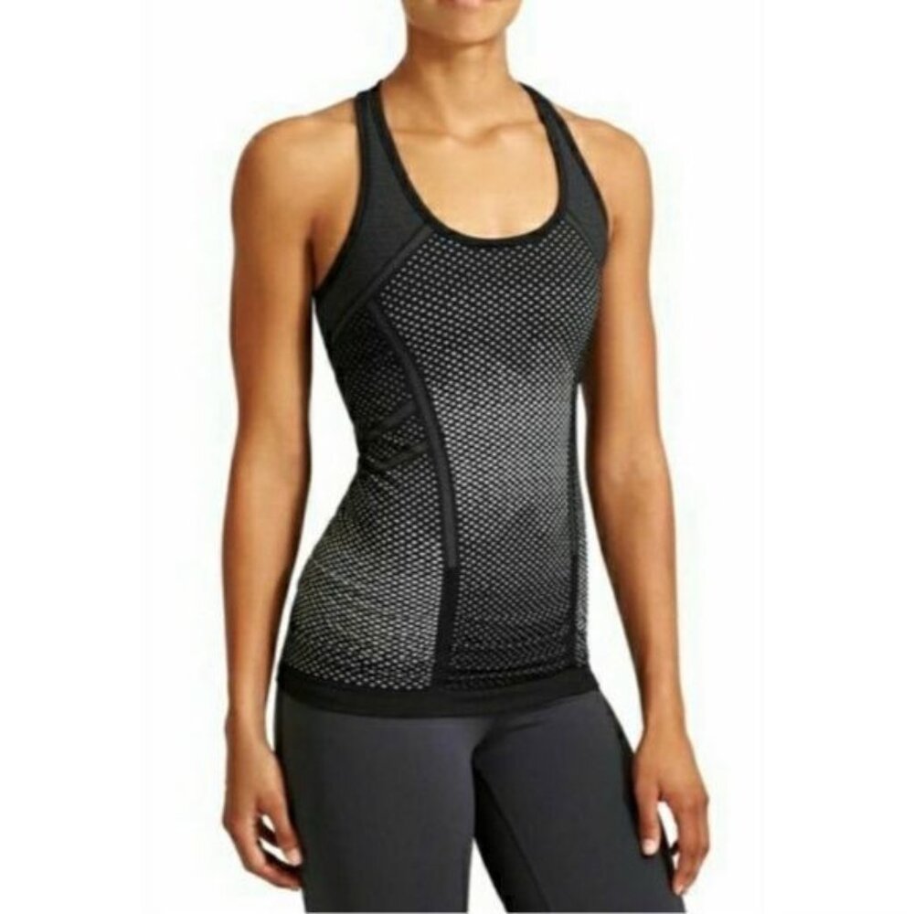 Athleta Fastest Track Racerback Tank Top S Argyle Diamond Black Ruched Workout